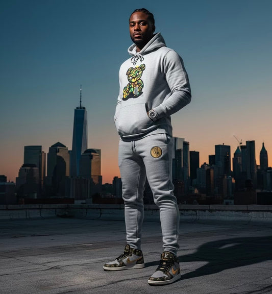 Adult " OG Bear " Gray Premium Fleece Jumpsuit ( Top & Bottom )