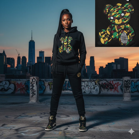 Adult " OG Camo Bear " Black Premium Fleece Jumpsuit (Top & Bottom)