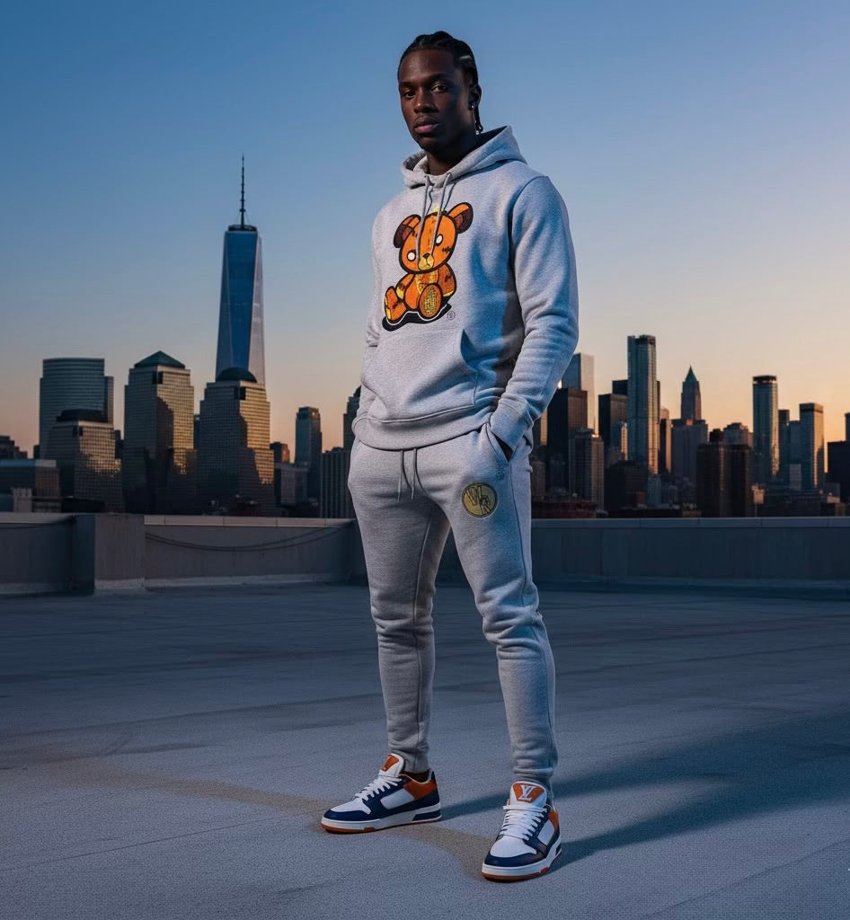 Adult " OG Bear " Gray Premium Fleece Jumpsuit ( Top & Bottom )