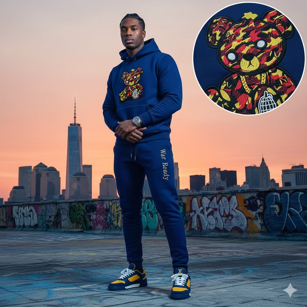 Adult "OG Red Bear Embroidery" Royal Blue Premium Fleece Jumpsuit