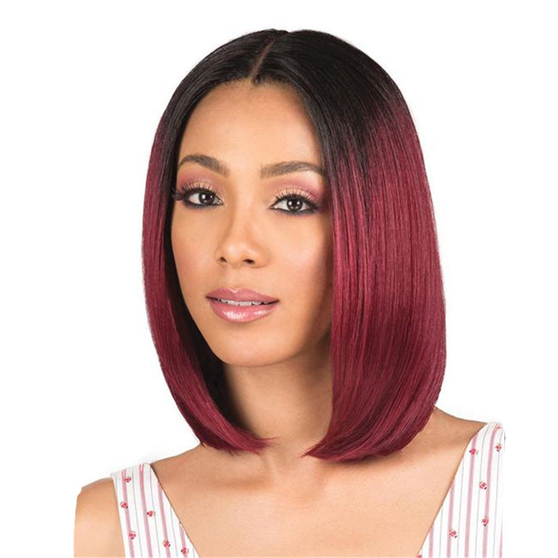 Dyeing mid-point wig female black gradient wine red bobo head