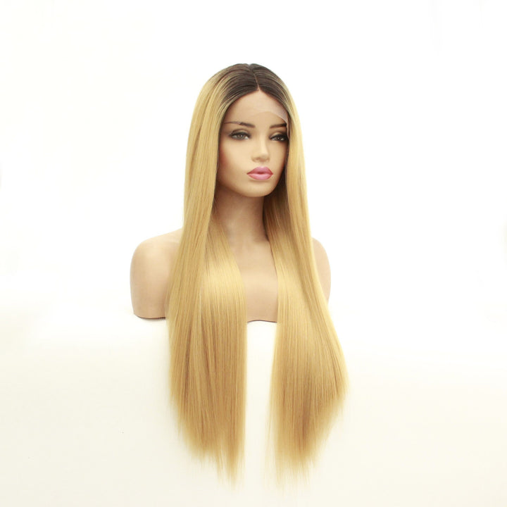Long straight hair synthetic front lace wig headgear
