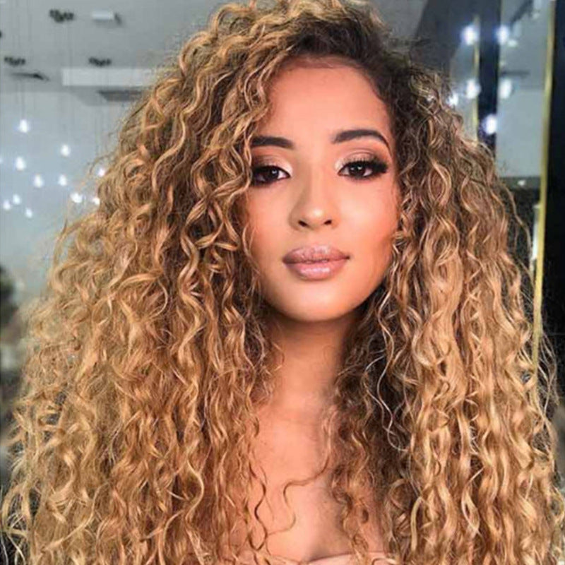 Wig Female Cross-Border Amazon Long Curly Hair African Small Curly Hair Wig Dyeing Gradually Brown Fiber Wig