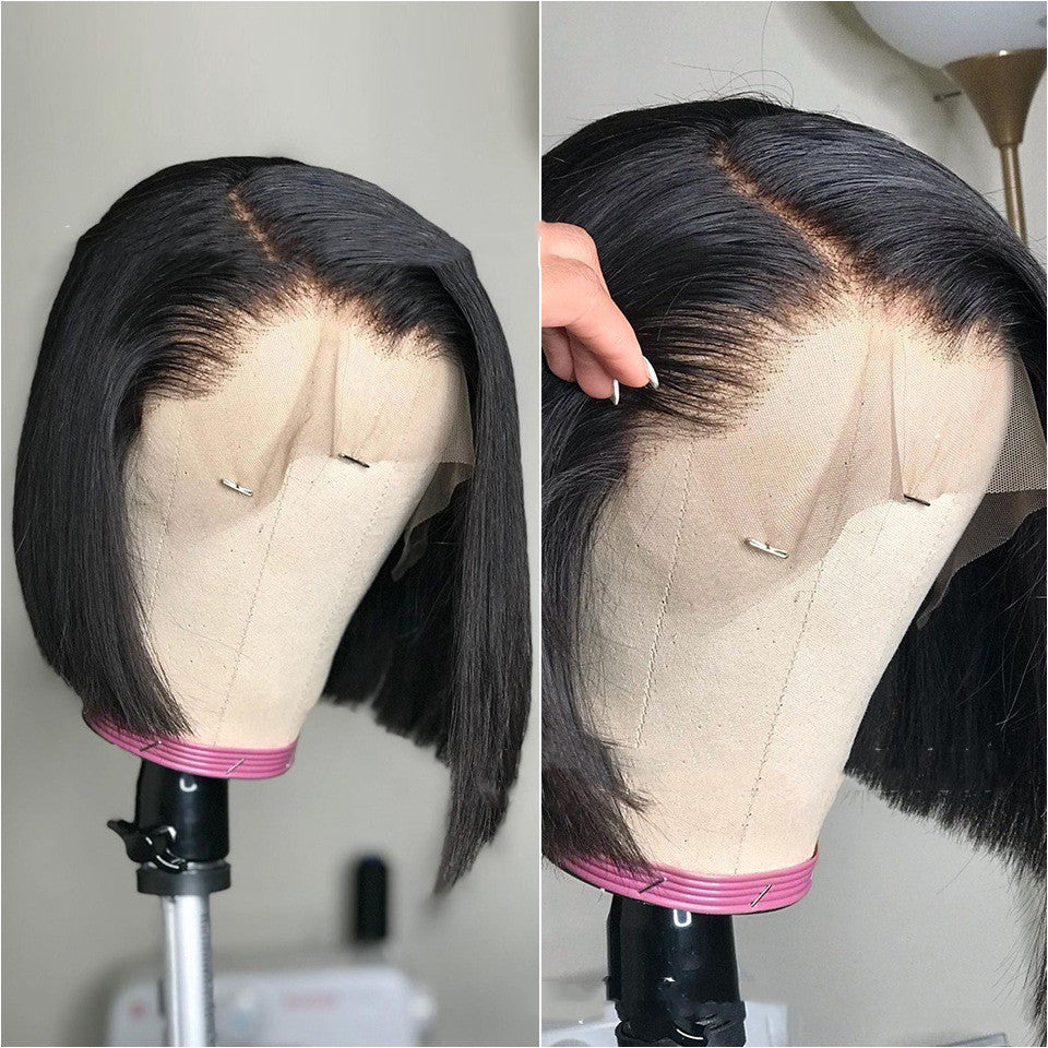 Tongcan Hot Sale European And American Front Lace Wig With Side Black Short Straight Hair Color Size Can Be Customized