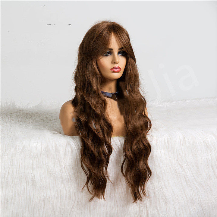 Long Wavy Brown Wig With Bangs Cosplay Party Hair Wigs