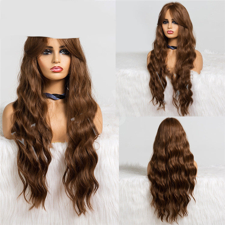 Long Wavy Brown Wig With Bangs Cosplay Party Hair Wigs