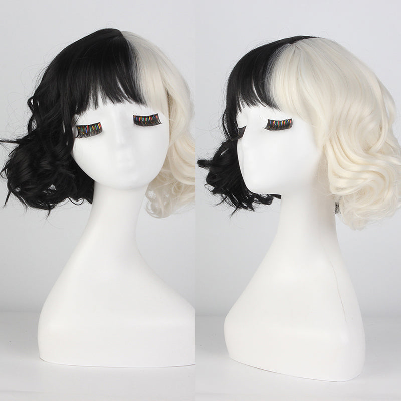 Movie Cruella Wig Anime Cosplay Black And White Color Combination Short Curly Hair