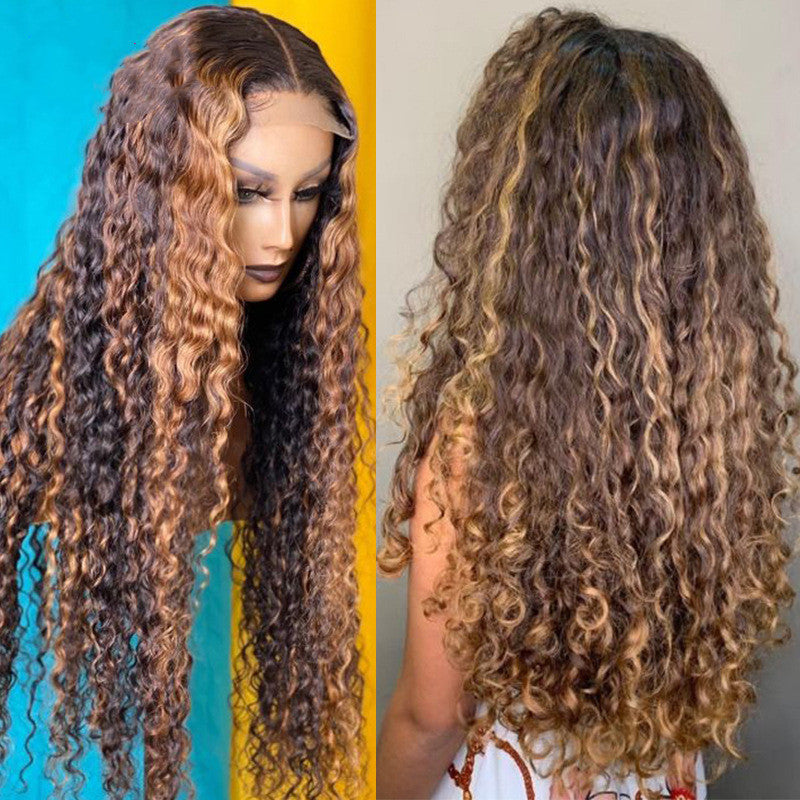 Natural Curly Deep Wave Lace Wig, Piano-color Inter-color Lace Headgear