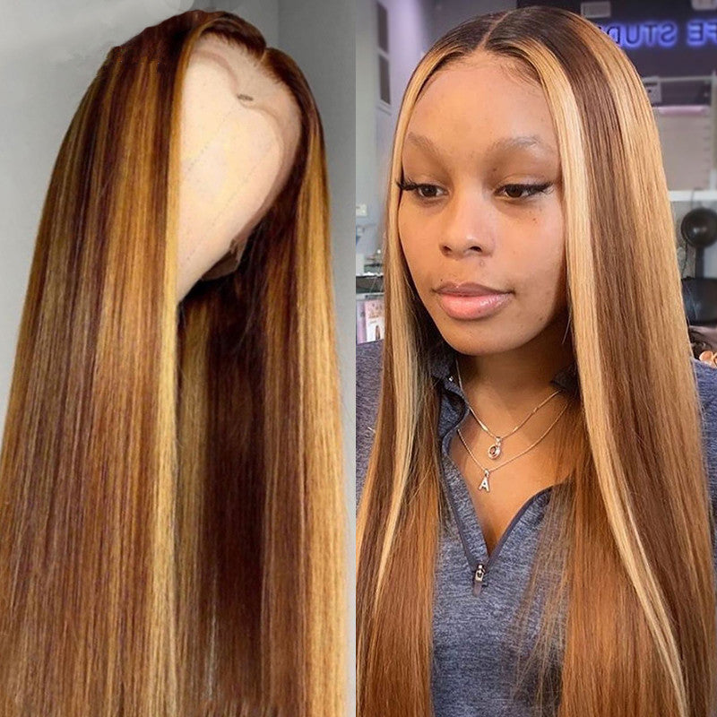 Mid-length straight hair brown pick golden long hair synthetic headgear
