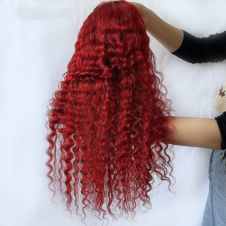 Red Deep Wave Human Hair Wig Real Headgear