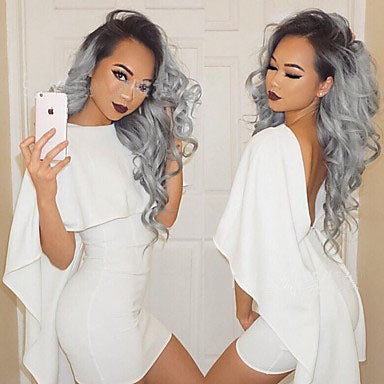 2 Tones synthetic lace wig grey black Ombre wavy wigs long curly hair