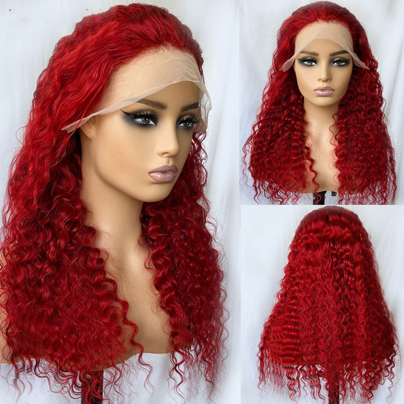 Red Deep Wave Human Hair Wig Real Headgear