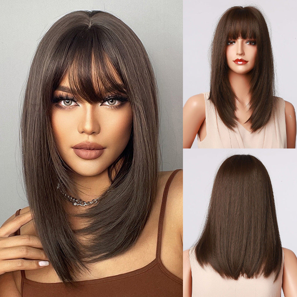 High Temperature Silk Bangs Black And Brown Shoulder Wig To Modify The Face Shape
